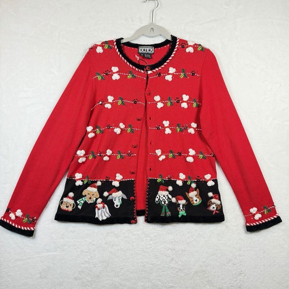 Berek Takako Sakon Christmas Dog Cardigan Sweater M 3D Beaded Holiday Novelty